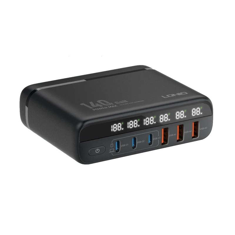 شارژر دیواری سوپر فست شارژ تایپ سی و یو اس بی 140 وات الدینیو LDNIO A6140C 140W GaN Super Fast Desktop Charger