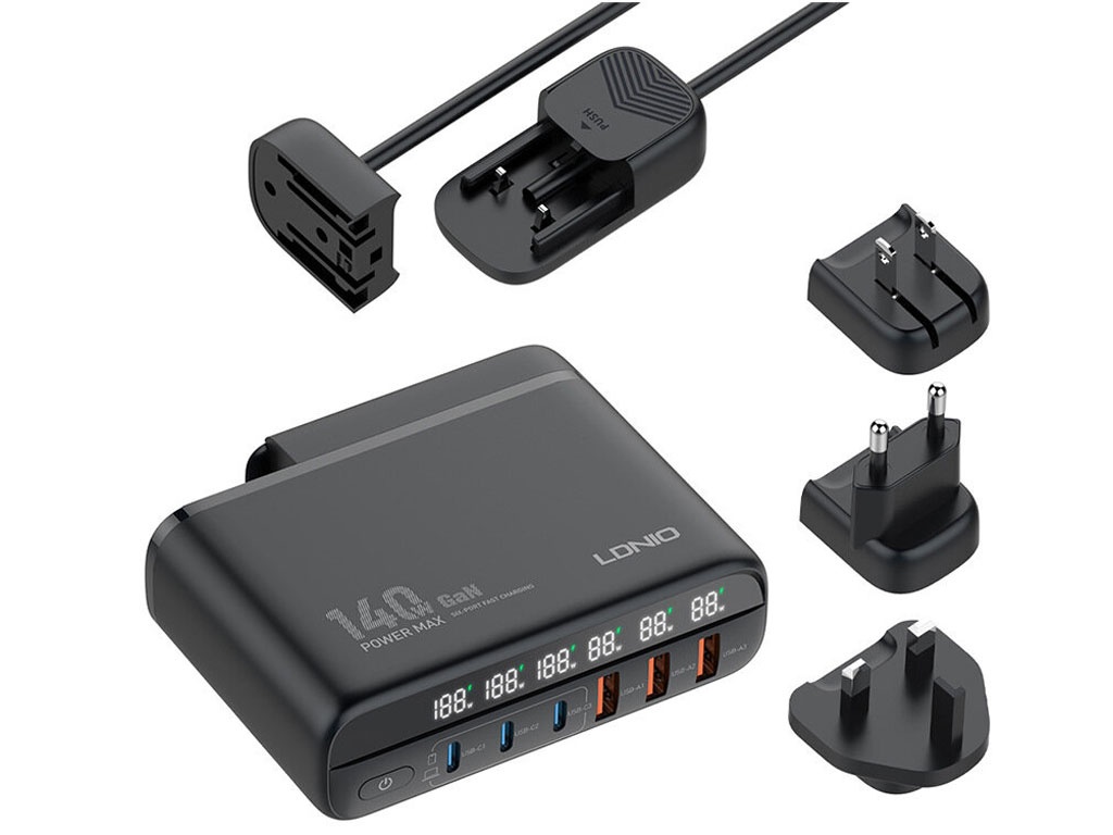 شارژر دیواری سوپر فست شارژ تایپ سی و یو اس بی 140 وات الدینیو LDNIO A6140C 140W GaN Super Fast Desktop Charger