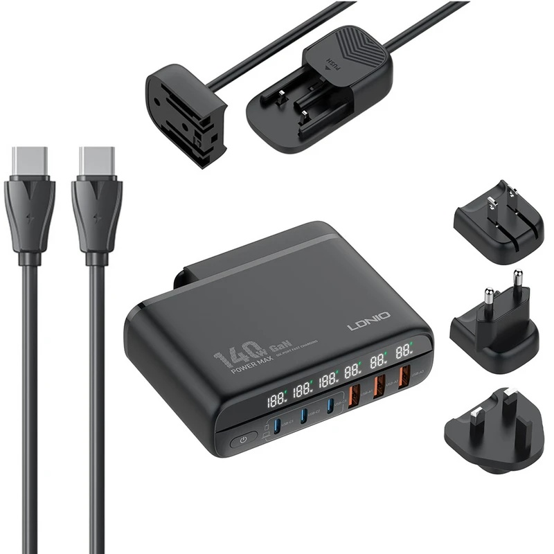 شارژر دیواری سوپر فست شارژ تایپ سی و یو اس بی 140 وات الدینیو LDNIO A6140C 140W GaN Super Fast Desktop Charger