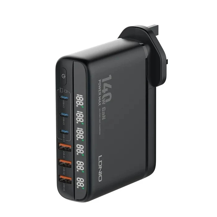 شارژر دیواری سوپر فست شارژ تایپ سی و یو اس بی 140 وات الدینیو LDNIO A6140C 140W GaN Super Fast Desktop Charger