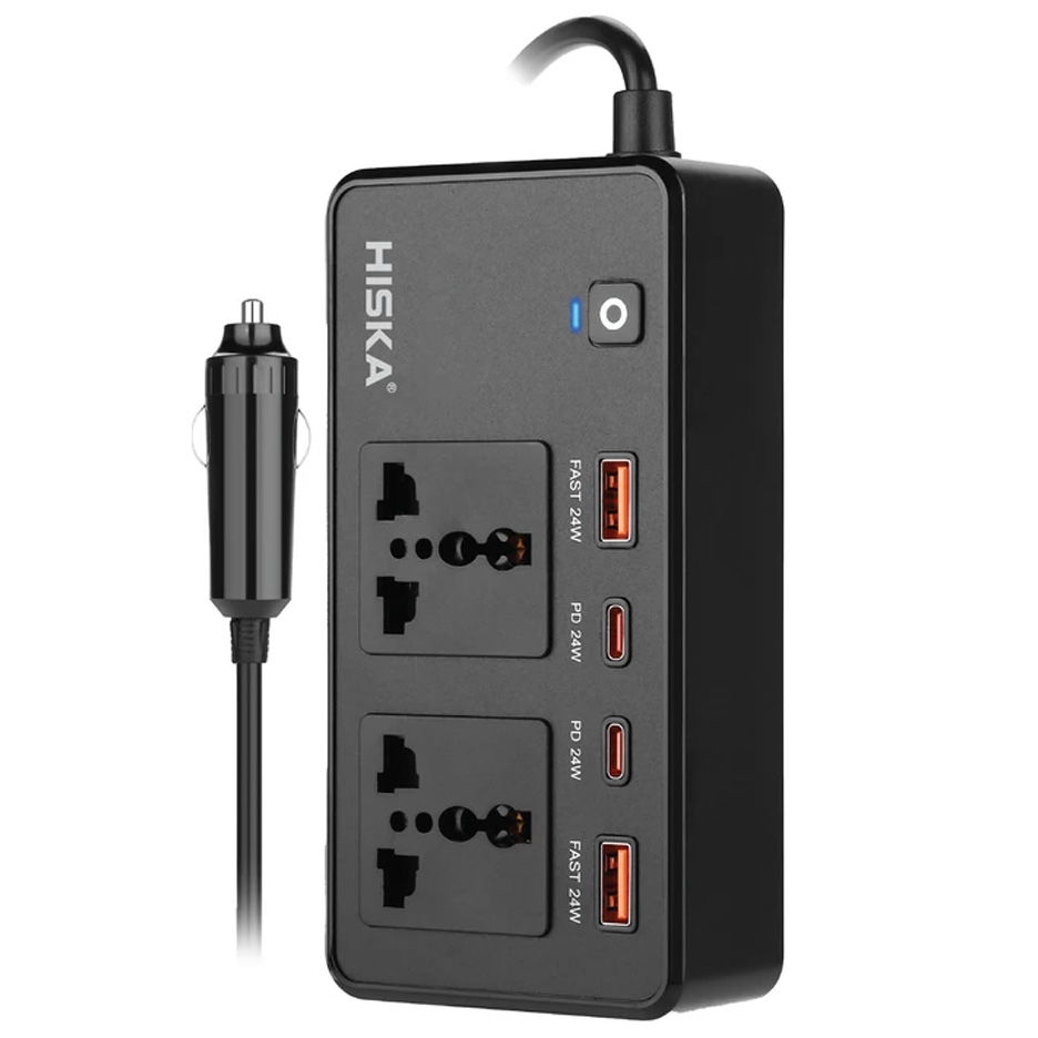 شارژر فندکی 200 وات هیسکا مدل CH-5519 با تکنولوژی شارژ سریع Quick Charge 3.0، دارای 4 عدد درگاه خروجی USB Type-C و USB-A