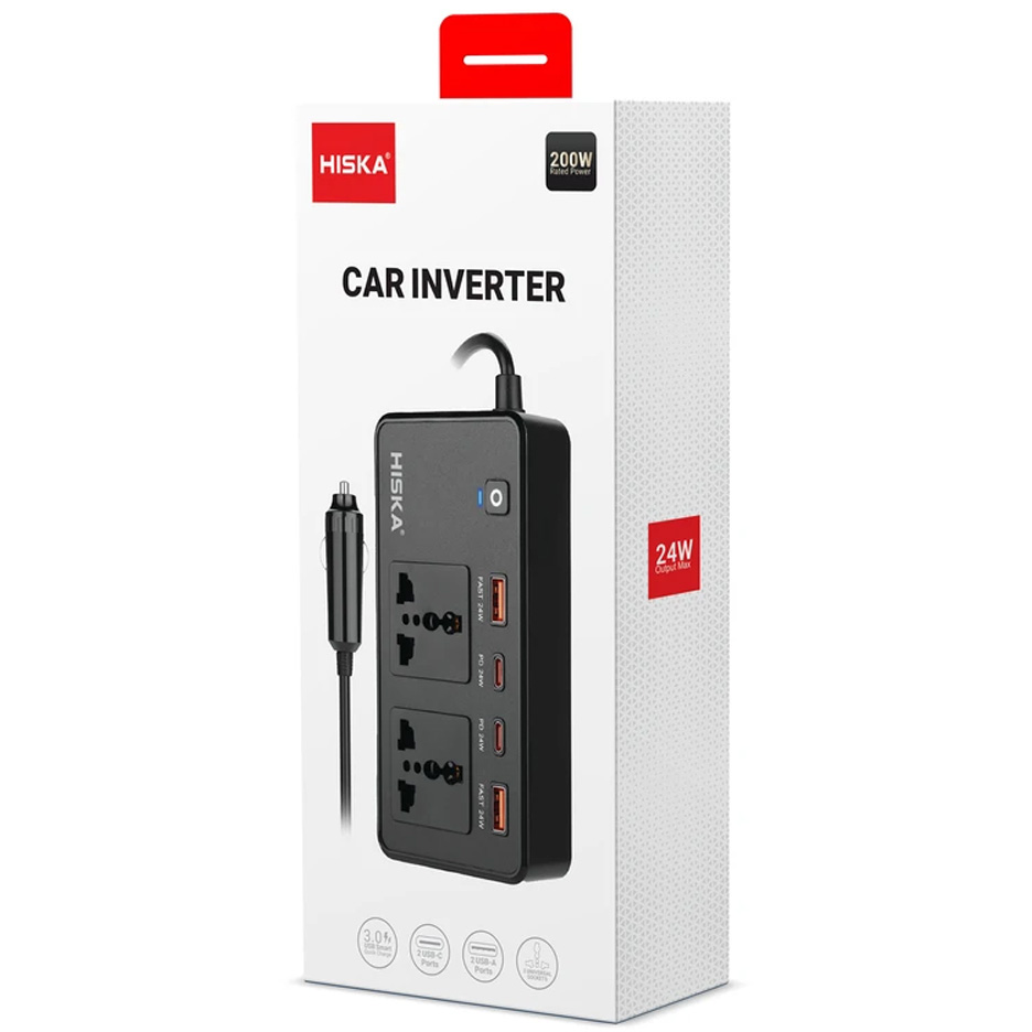 شارژر فندکی 200 وات هیسکا مدل CH-5519 با تکنولوژی شارژ سریع Quick Charge 3.0، دارای 4 عدد درگاه خروجی USB Type-C و USB-A