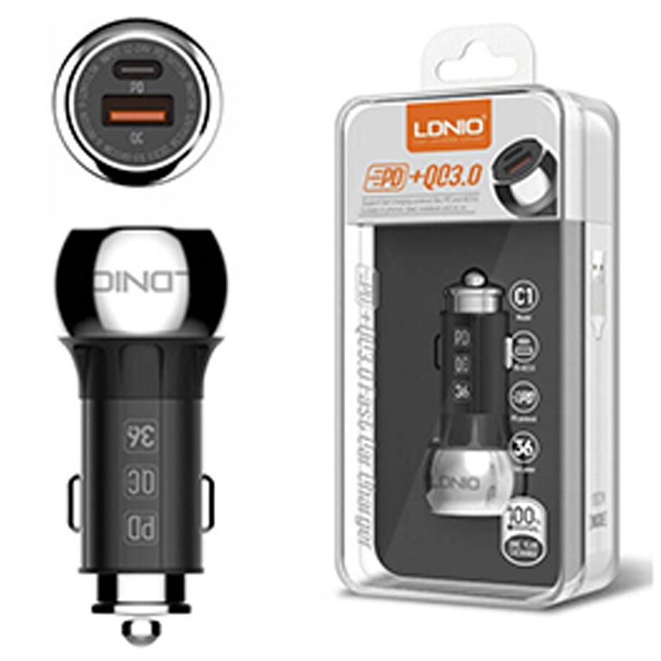فندکی فست شارژ دو خروج تایپ C و USB الدنیو C1 با کابل تایپ C
