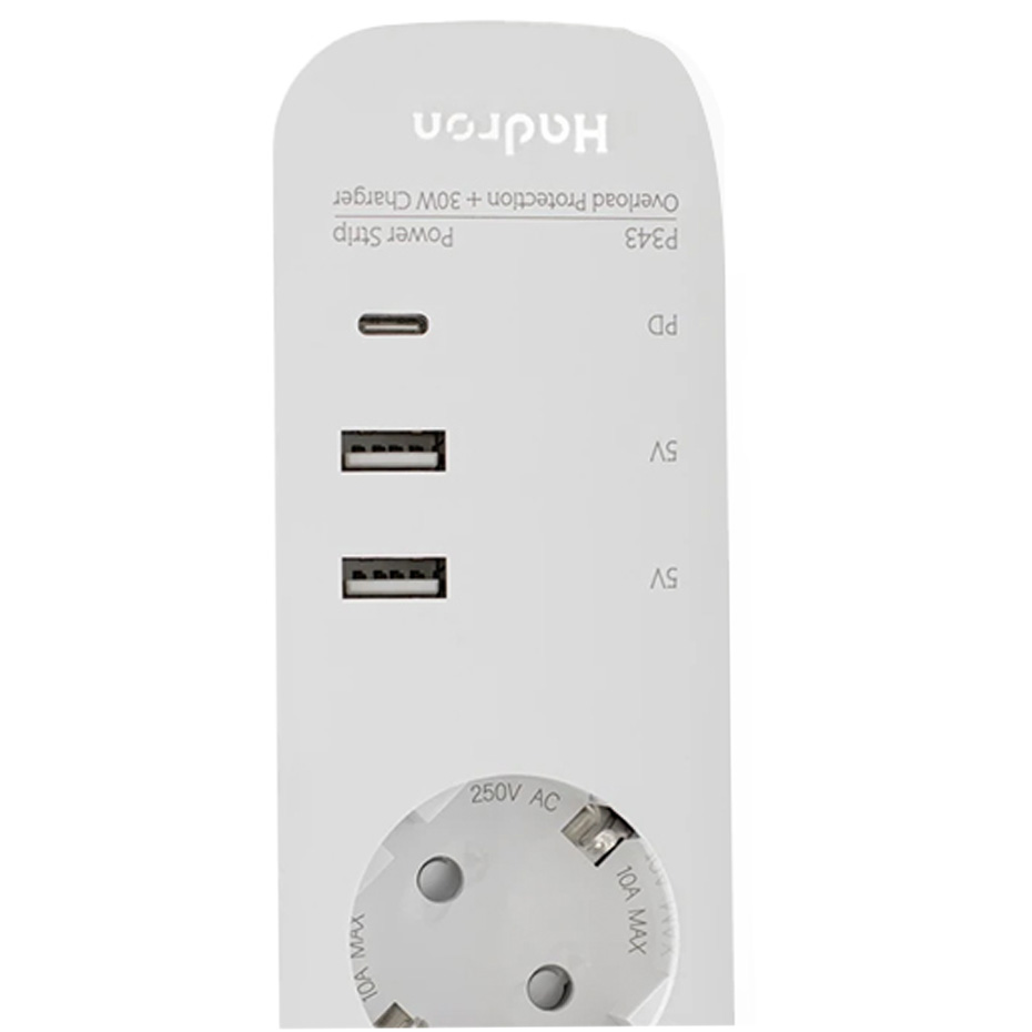 سه راهی برق هادرون دارای پورت USB و PD مجهز به شارژر 30 وات دارای کابل  1/8 متر مدل P343