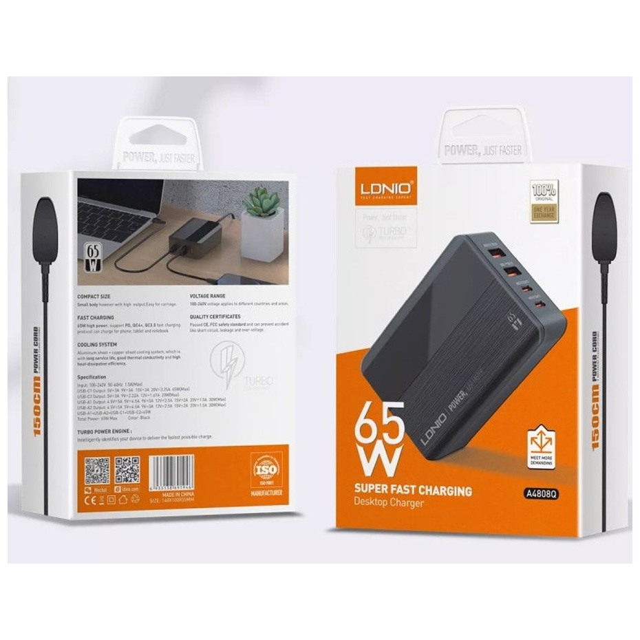 شارژر رومیزی الدینیو مدل A4808Q توان ۶۵ وات با ۲ پورت USB-C