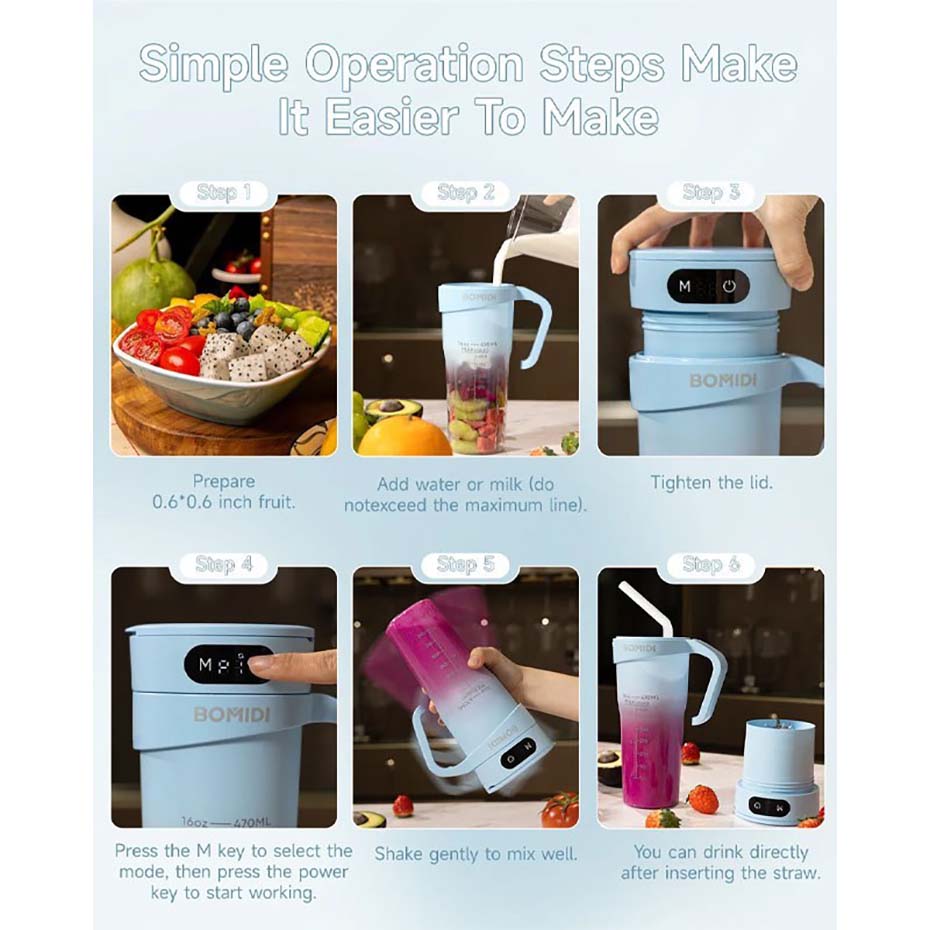 جزییات شارژ مخلوط کن قابل حمل بمیدی شیائومی مدل BOMIDI JB01 آبی