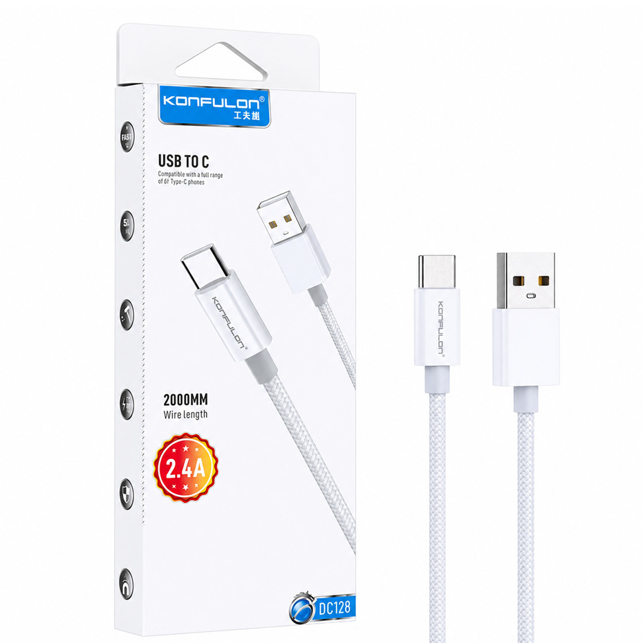 قیمت کابل شارژ تایپ سی کانفلون مدل KONFULON DC128 سفید طول 2 متر
