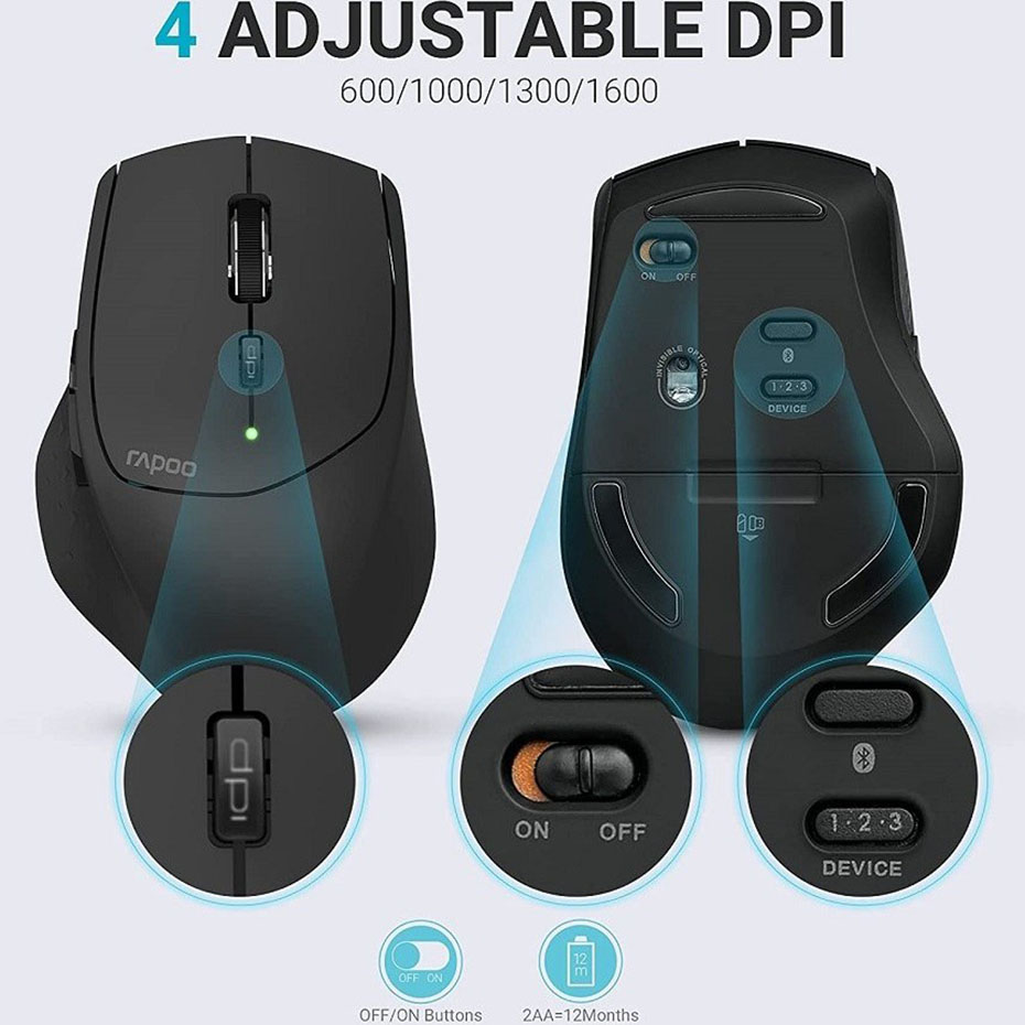 مشخصات فنی ماوس بی سیم رپو مدل RAPOO MT550 مشکی