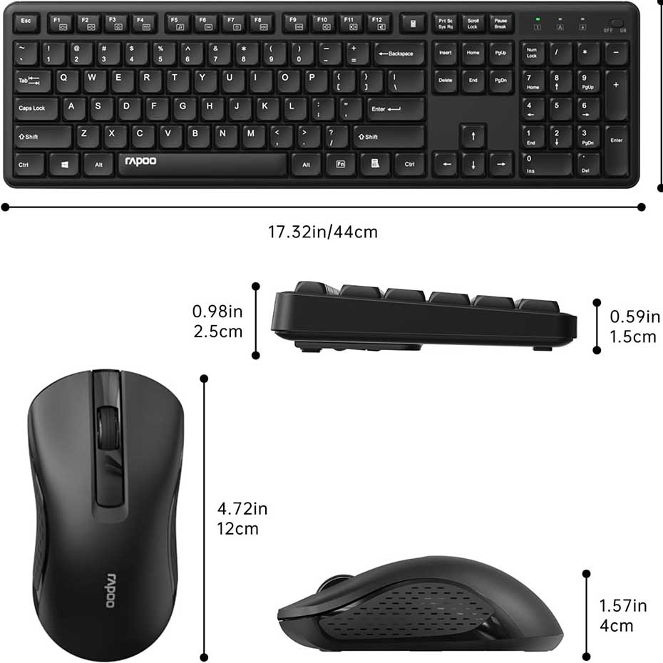 ابعاد کیبورد و ماوس بی سیم رپو مدل RAPOO X2100 مشکی