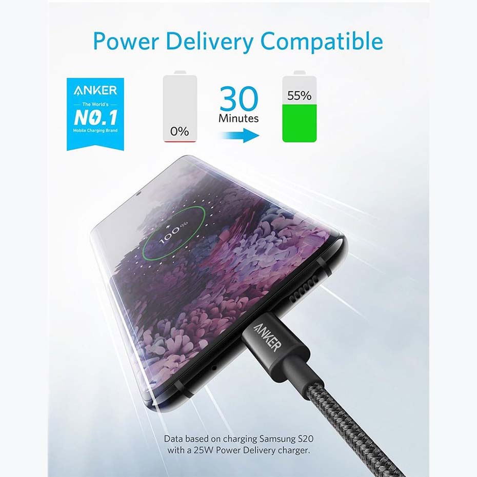 ابعاد کابل شارژ دو سر تایپ سی انکر مدل ANKER A8752H11 USB-C PD 60W مشکی طول 1 متر