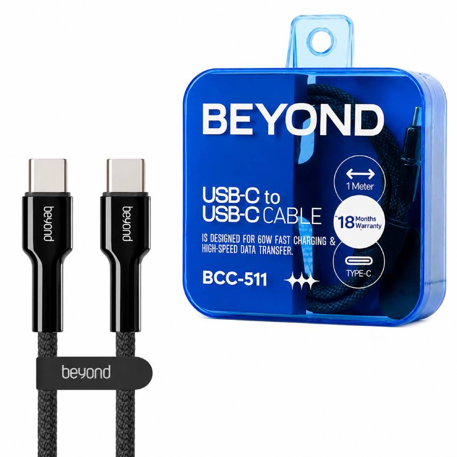 مشخصات کابل شارژ دو سر تایپ سی بیاند مدل BEYOND BCC-511 USB-C to USB-C 60W مشکی طول 1 متر