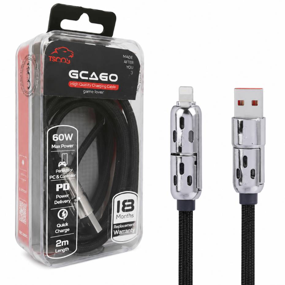 مشخصات کابل شارژ چند کاره گیمینگ تسکو مدل TSCO GCA60 60W 2M 4in1 مشکی