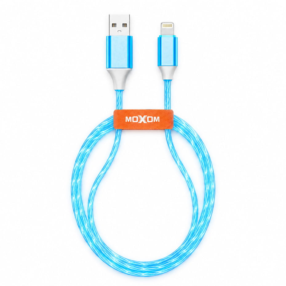 کابل شارژ لایتنینگ موکسوم مدل MOXOM KH-68W LED IPHONE بدون پک آبی طول 1 متر