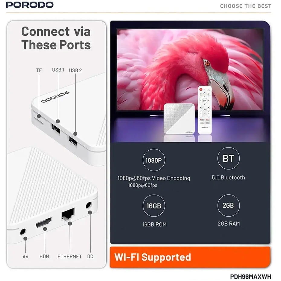 مشخصات اندروید باکس پرودو مدل PORODO PDH96MAXWH Echobox Android TV Box