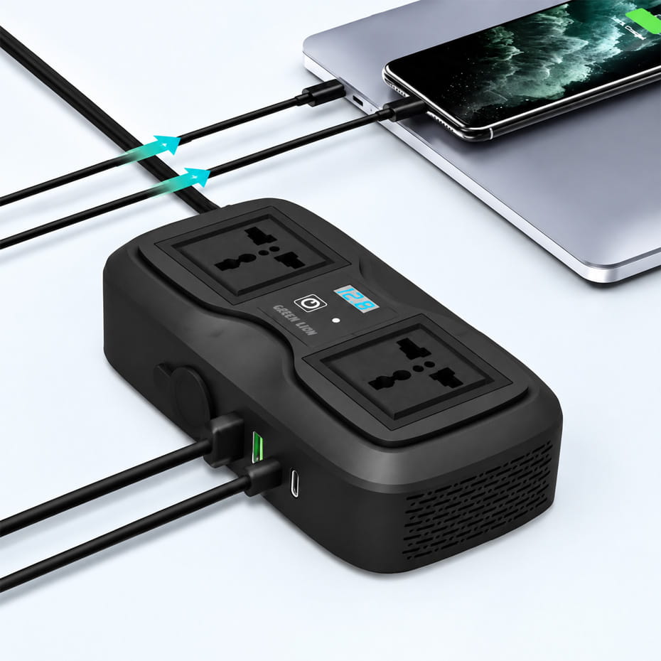 مشخصات اینورتر فندکی خودرو گرین لاین مدل GREEN LION GNGC233PIBK GC-233 200W