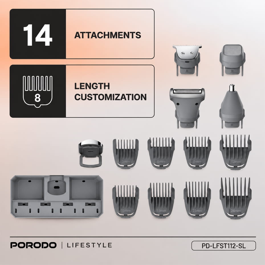 مشخصات ست ماشین اصلاح چند کاره پرودو مدل PORODO PDLFST112SL 14 IN 1 GROOMING KIT