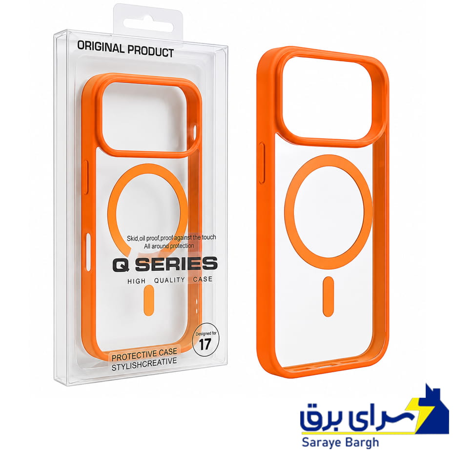 قیمت قاب اپل مدل Q SERIES Mag safe IPHONE 17 Pro شفاف دور نارنجی
