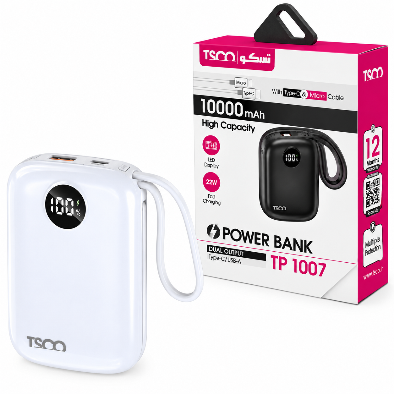 خرید پاوربانک تسکو مدل TSCO TP 1007 10000mAh PD QC3.0 20W سفید