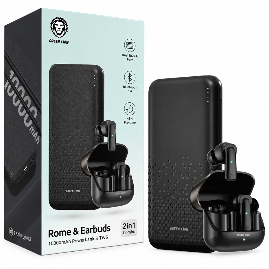 قیمت پاوربانک و ایرپاد گرین لاین مدل GREEN LION Rome & Earbuds 10000mAh 37W