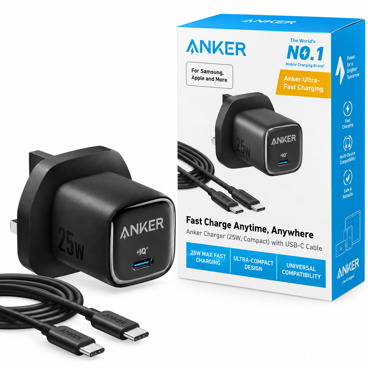 خرید  کلگی شارژر انکر به همراه کابل تایپ سی مدل ANKER UK 3-PIN B2656K11 25W مشکی