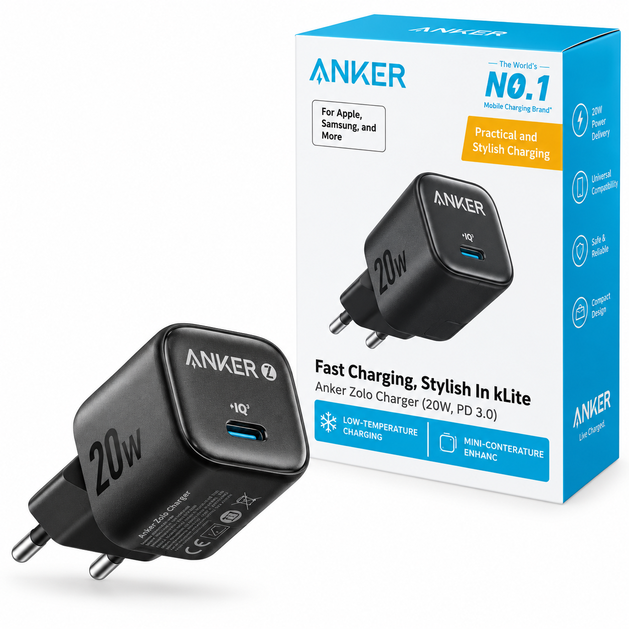 خرید کلگی شارژر انکر مدل ANKER ZOLO EU 2-PIN A2699L11 20W مشکی