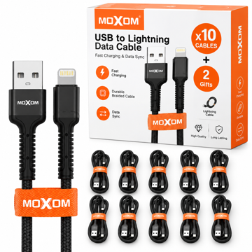 خرید بسته 12 عددی کابل شارژ لایتنینگ موکسوم مدل MOXOM KH-20i IPHONE بدون پک مشکی طول 2 متر