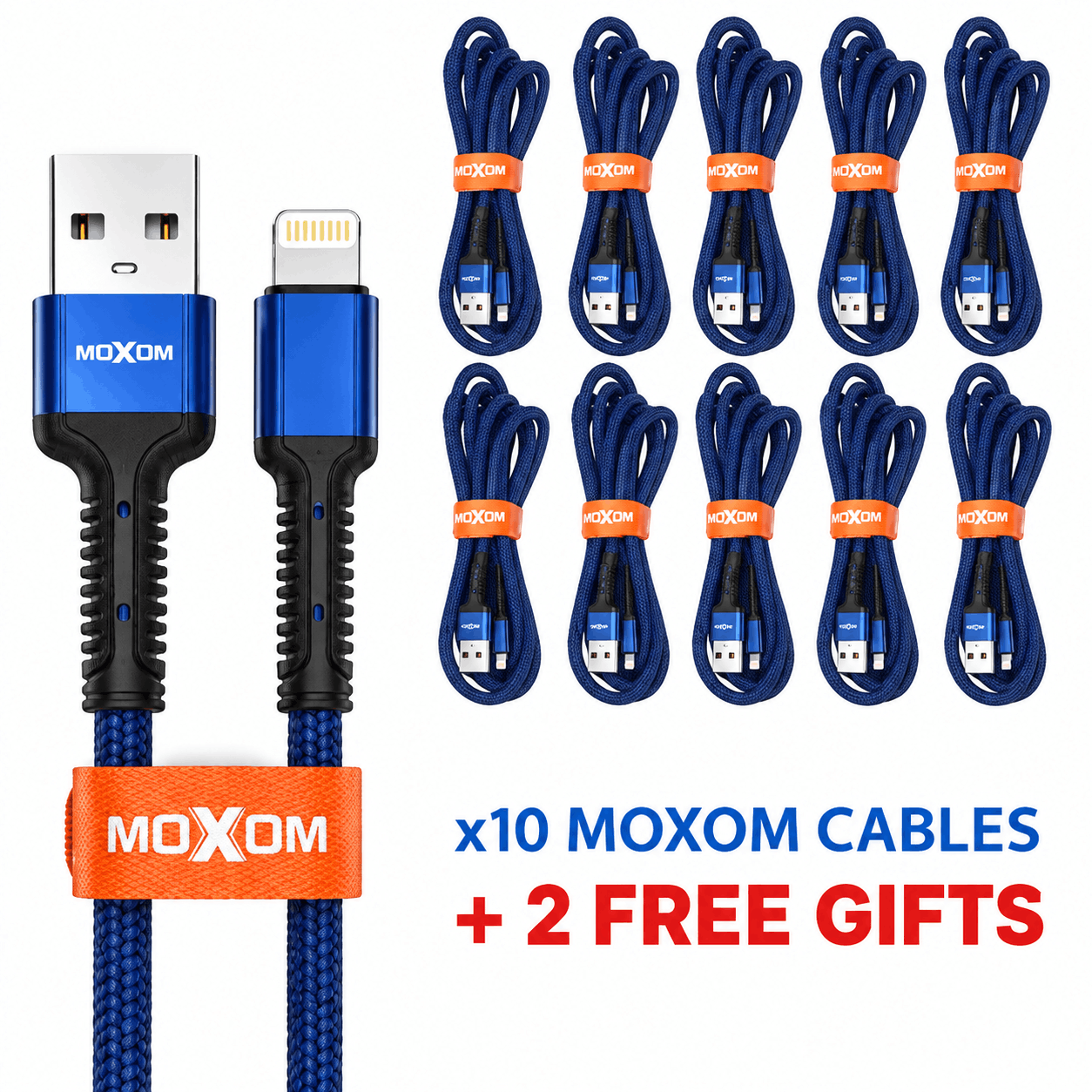 خرید بسته 12 عددی کابل شارژ لایتنینگ موکسوم مدل MOXOM KH-20i IPHONE بدون پک سرمه ای طول 2 متر