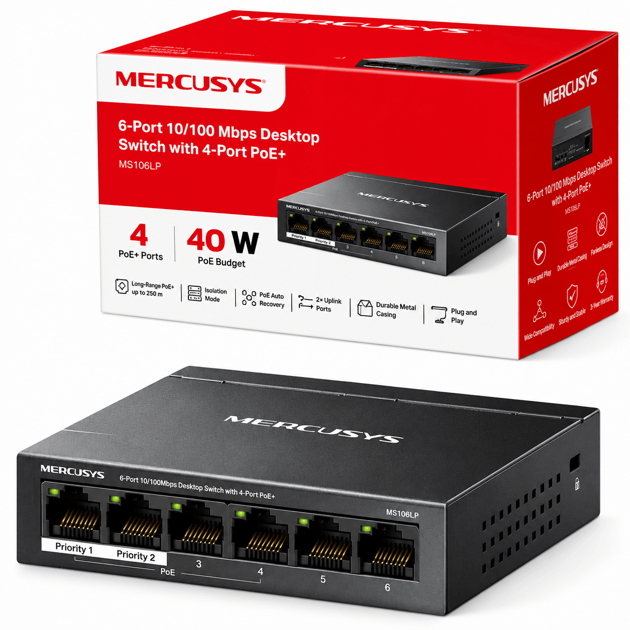 قیمت هاب سوئیچ 6 پورت مرکوسیس مدل MERCUSYS MS106LP 6-Port Desktop PoE Switch, 40W