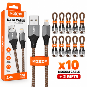 خرید بسته 12 عددی کابل شارژ لایتنینگ موکسوم مدل MOXOM KH-16i IPHONE بدون پک قهوه ای طول 1 متر