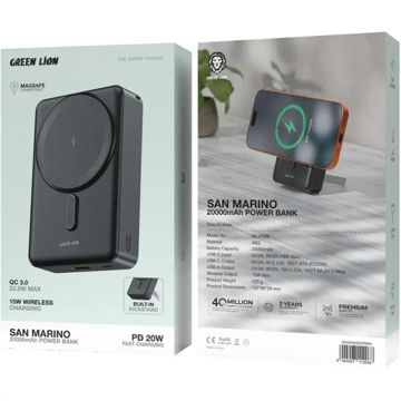 قیمت پاوربانک وایرلس گرین لاین مدل GREEN LION GNSANM20PBBK SAN MARINO MagSafe 20000mAh PD 20W