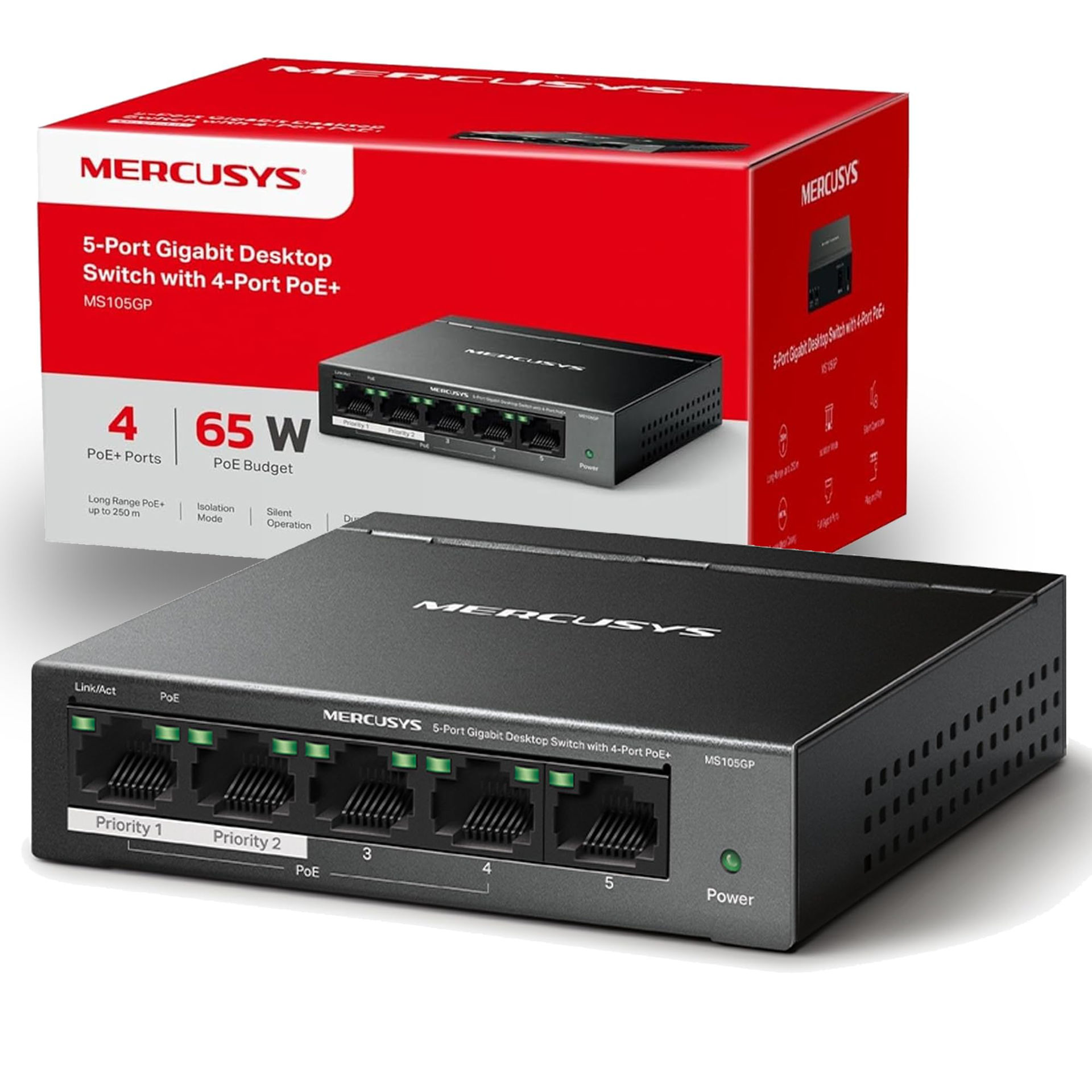 قیمت هاب سوئیچ 5 پورت مرکوسیس مدل MERCUSYS MS105GP 5-Port Gigabit Desktop Switch with 4 PoE+ Port