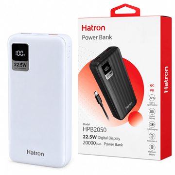 خرید پاوربانک هترون مدل Hatron HPB2050 20000mAh QC PD 22.5W سفید