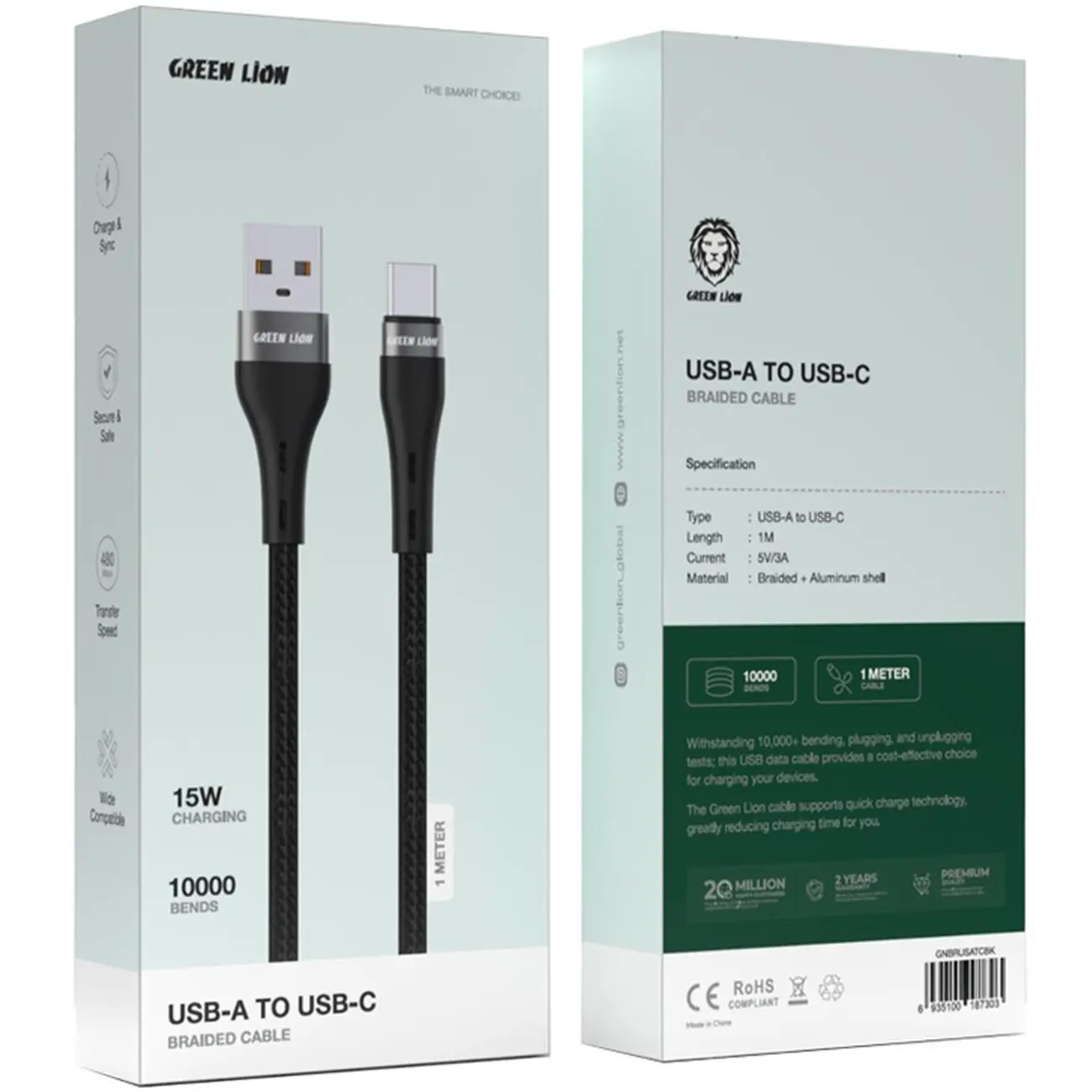 قیمت کابل شارژ تایپ سی گرین لاین مدل GREEN LION GNPV30UTTCBK 15W طول 0.3 متر