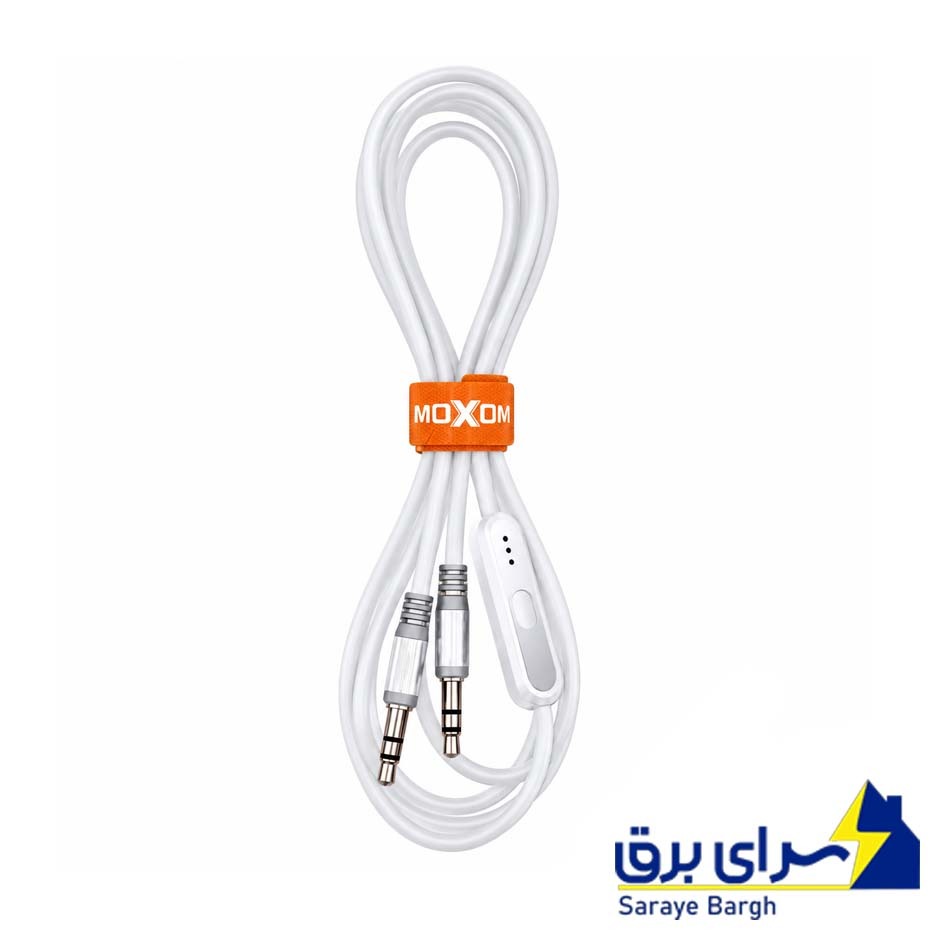 قیمت کابل صدا میکروفن دار موکسوم مدل MOXOM AUX-41W بدون پک سفید به طول 1 متر