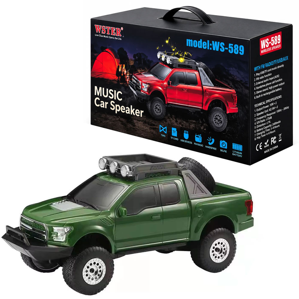 خرید اسپیکر بلوتوثی پرتابل وستر مدل WSTER WS-589 فانتزی طرح ماشین سبز