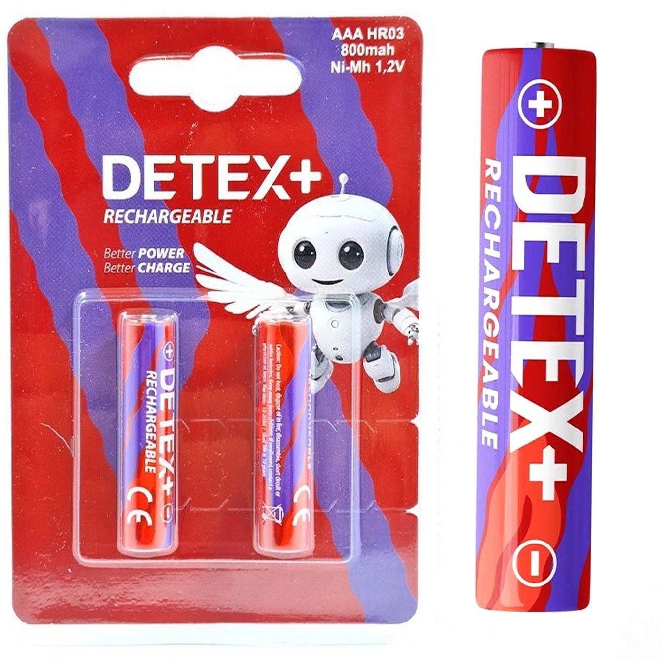 باتری شارژی نیم‌قلمی دتکس پلاس مدل DETEX+ AAA HR03 ظرفیت 800mAh بسته 2 عددی