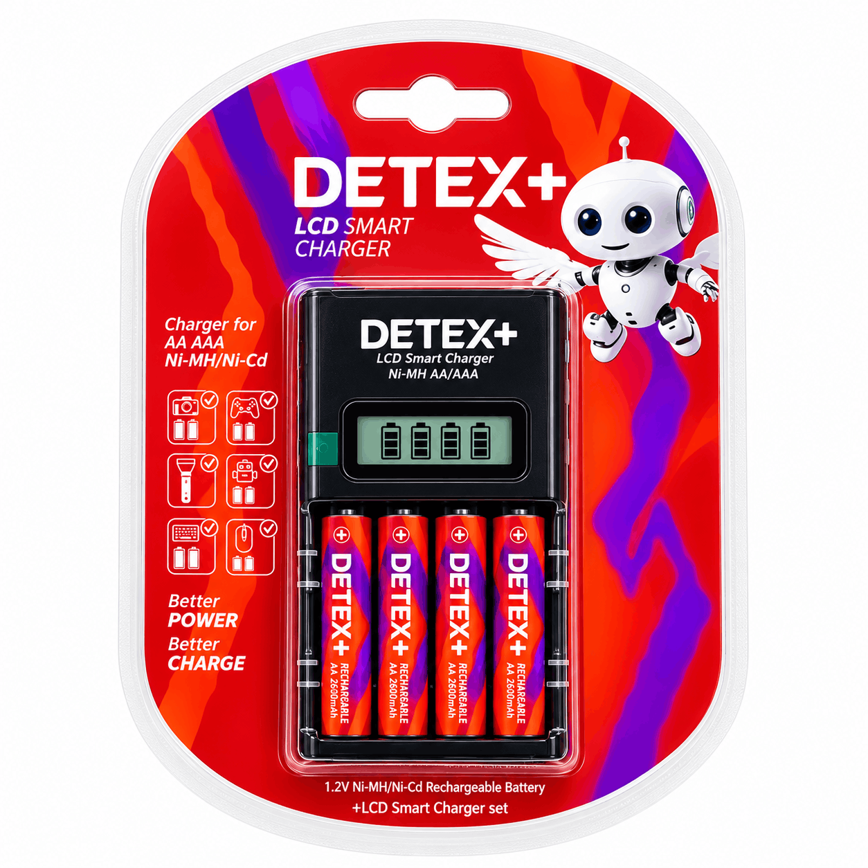 خرید شارژر هوشمند باتری دتکس پلاس مدل DETEX+ C-04 LCD به همراه 4 عدد باتری قلمی