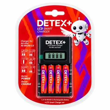خرید شارژر هوشمند باتری دتکس پلاس مدل DETEX+ C-04 LCD به همراه 4 عدد باتری قلمی