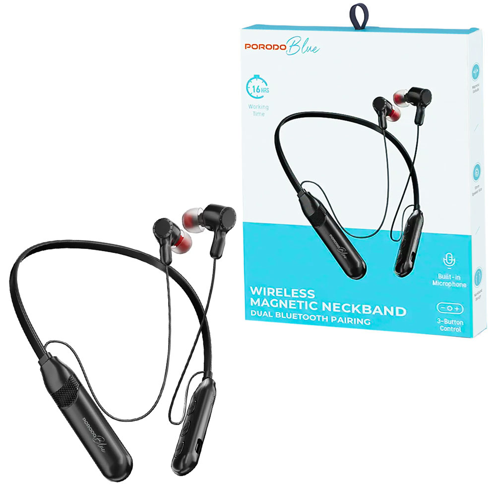 هندزفری بلوتوثی گردنی پرودو مدل PORODO PBD13BK Magnetic Neckband مشکی