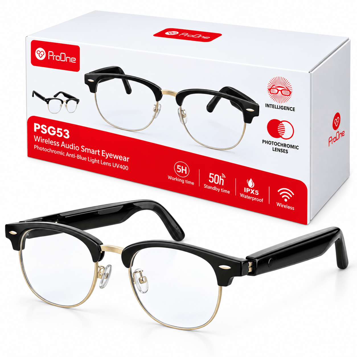 خرید عینک افتابی هوشمند بی‌سیم پرووان مدلPROONE Photochromic+Anti-Blue PSG53