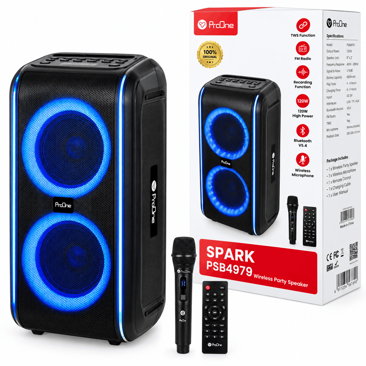 خرید اسپیکر بی سیم چمدانی میکروفن دار پرووان مدل PROONE SPARK PSB4979 مشکی