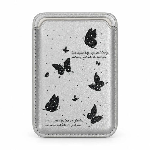 خرید جا کارتی مگ سیف دار مدل WALLET MAGSAFE Butterfly چرم طرح پروانه نقره ای