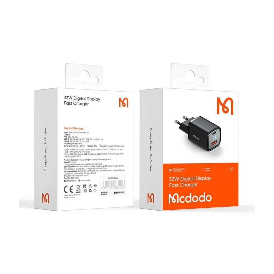 مشخصات کلگی شارژر مکدودو مدل Mcdodo CH-170 PD 33W گارانتی متین