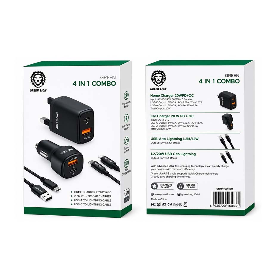 مشخصات پک شارژر 4 در 1 گرین لاین مدل GREEN LION GN4IN1COMBO همراه شارژر فندکی