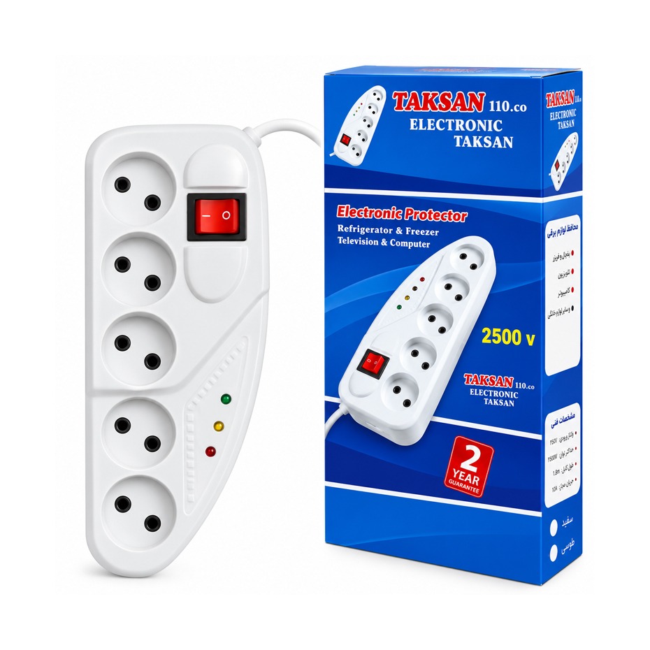 خرید بسته 33 عددی چندراهی برق و محافظ ولتاژ 5 خانه تکسان مدل TAKSAN 2500V طول 3 متر