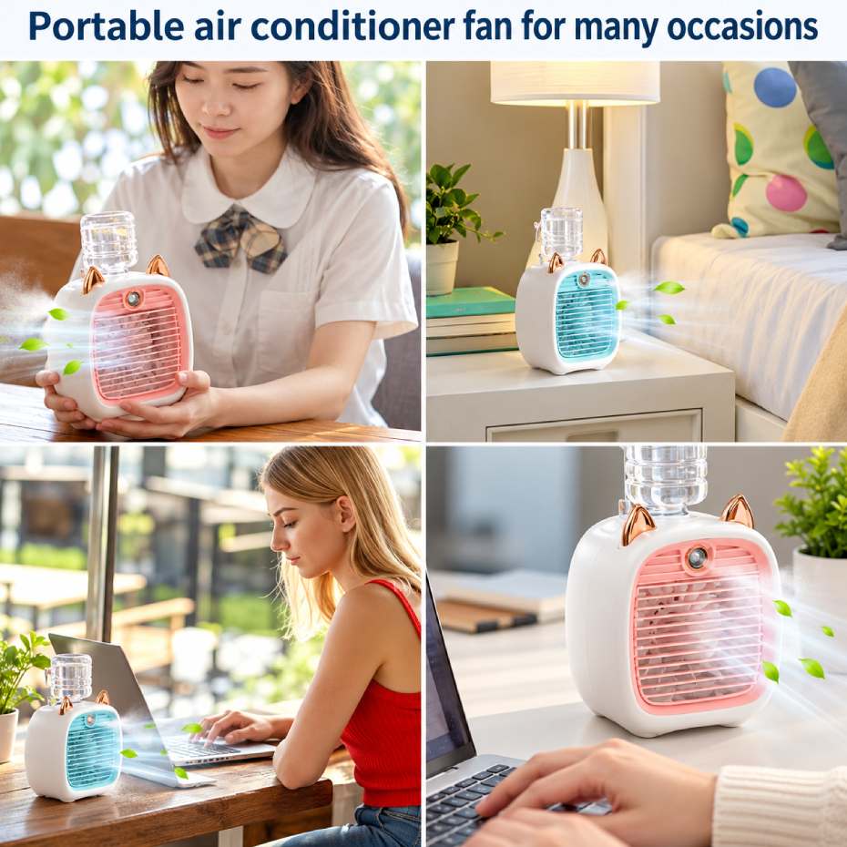 خرید پنکه شارژی مه پاش مدل Spray Cooling Fan طرح گربه صورتی