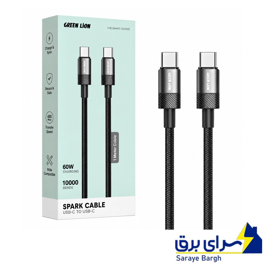 قیمت کابل شارژ دو سر تایپ سی گرین لاین مدل GREEN LION GNSPRCAC2CBK SPARK 60W طول 1 متر