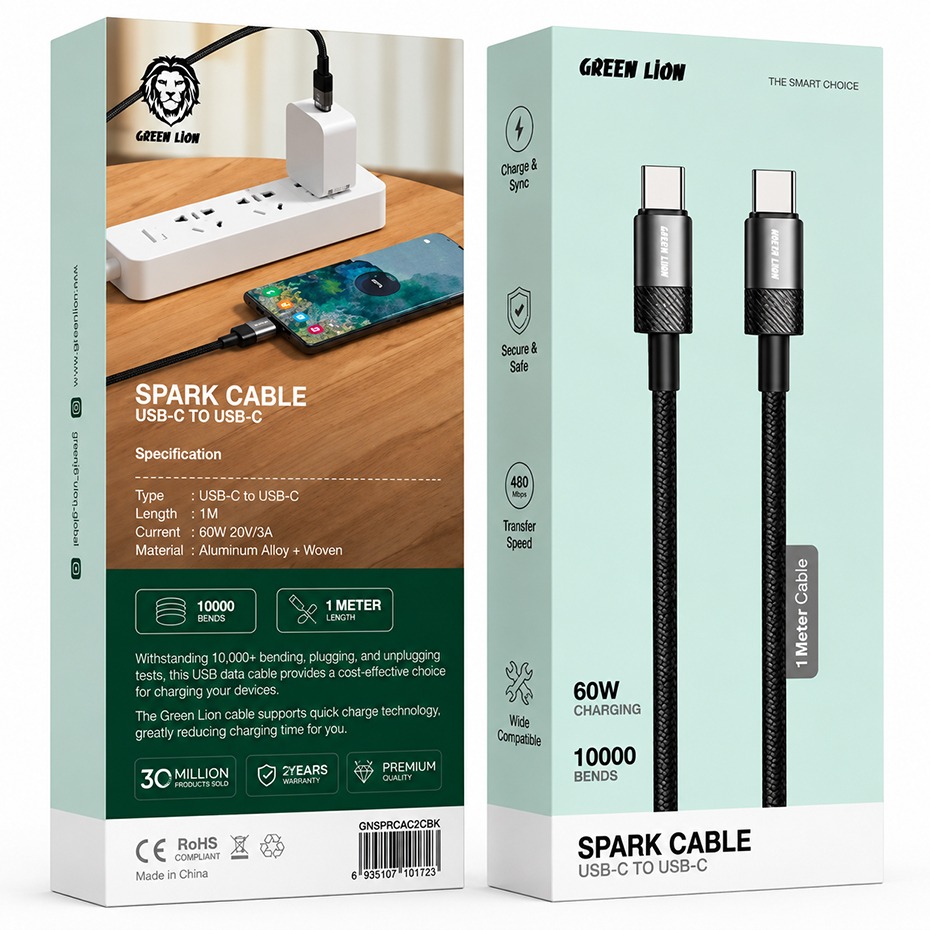 مشخصات کابل شارژ دو سر تایپ سی گرین لاین مدل GREEN LION GNSPRCAC2CBK SPARK 60W طول 1 متر