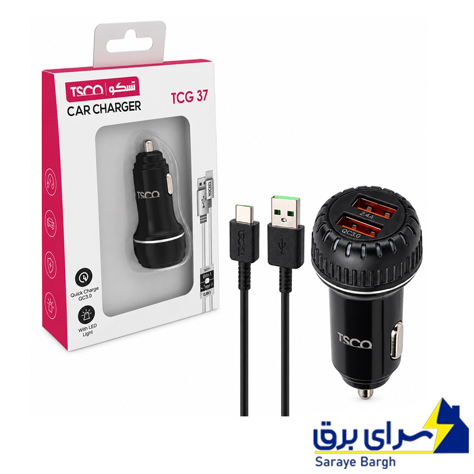 قیمت شارژر فندکی تسکو مدل TSCO TCG 37 همراه کابل تایپ سی